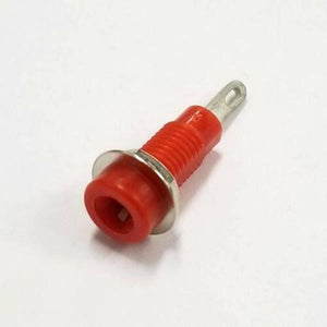 Tj-1-r 2mm Female Banana Connector - a close-up of a single red cylindrical panel-mount connector with a threaded body and a metal solder terminal.