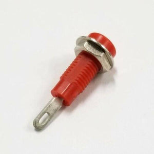 Tj-1-r 2mm Female Banana Connector - shown as a single red plastic panel-mount socket with a metal terminal and a threaded body with a metal nut.