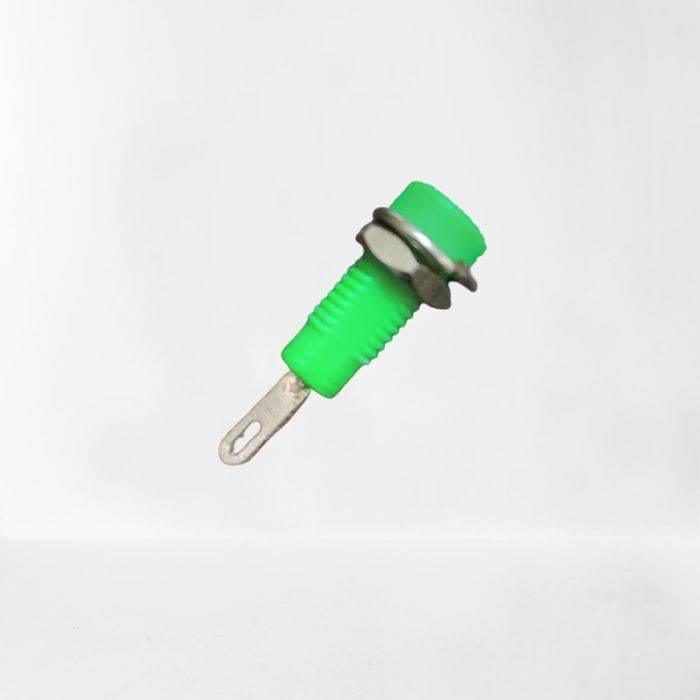 Tj-1-r 2mm Female Banana Connector - shown as a single green plastic component with a metal terminal and a mounting nut.