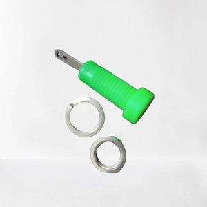 Tj-1-r 2mm Female Banana Connector - shown with a green plastic handle, a metal connector tip, a silver split ring, and a metal nut.