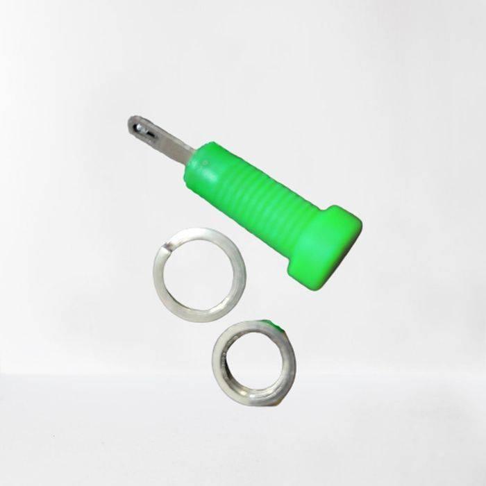 Tj-1-r 2mm Female Banana Connector - shown with a green plastic handle, a metal connector tip, a silver split ring, and a metal nut.