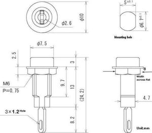 Tj-1-r 2mm Female Banana Connector - the component's dimensions, mounting hole specifications, and physical profile in millimeters.