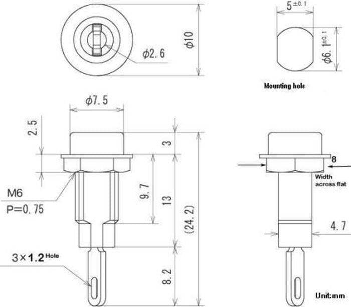 Tj-1-r 2mm Female Banana Connector - the component's dimensions, mounting hole specifications, and physical profile in millimeters.