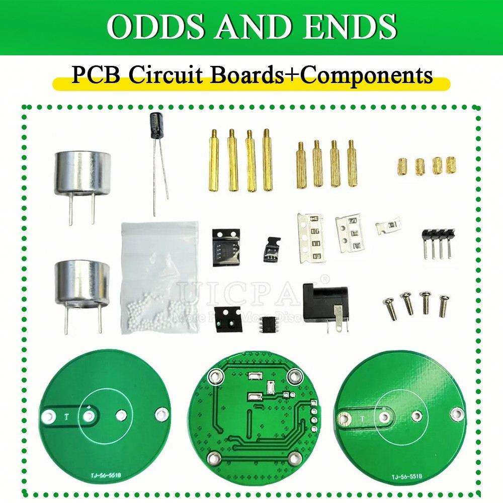 TJ-56-551 Unassemboled DIY Ultrasonic Levitation Kit Floating Standing Wave Control DIY Soldering Project Electronic Kit Acoustic Suspension 12V - the contents layout of two green circular circuit boards, metal transducers, and various electronic parts.