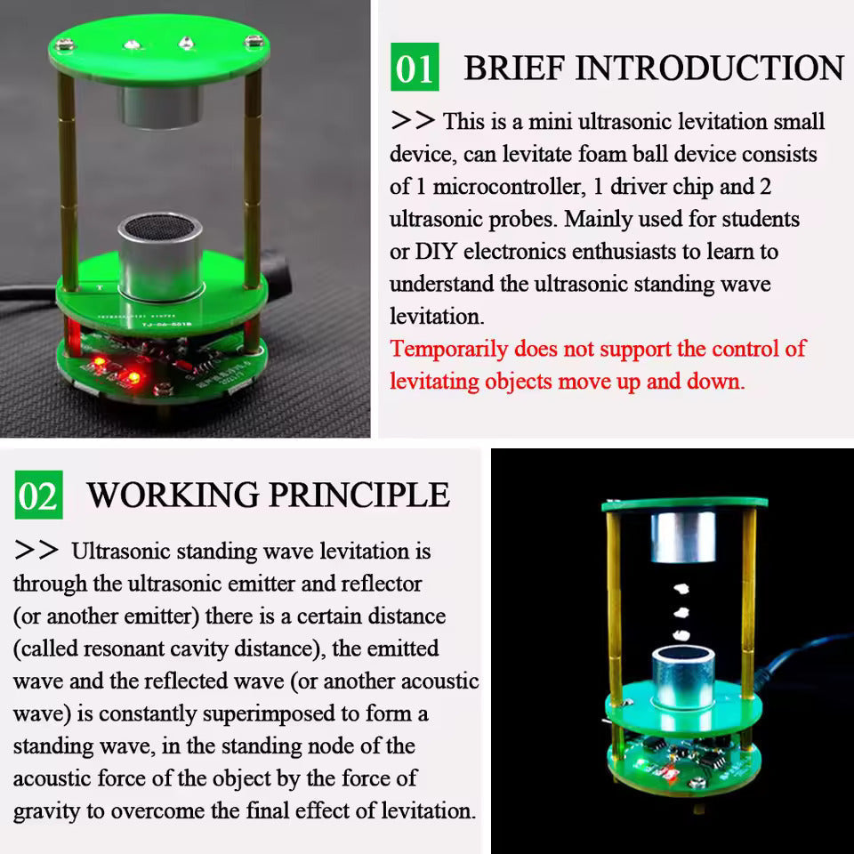 TJ-56-551 Unassemboled DIY Ultrasonic Levitation Kit Floating Standing Wave Control DIY Soldering Project Electronic Kit Acoustic Suspension 12V - shown as a green circular base with two vertical gold pillars, two ultrasonic probes, and floating foam balls.