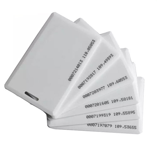 TK4100 Contactless 125kHz RFID Proximity Smart Card 1.8mm thick for Access Control & Time Attendance - a stack of white rectangular cards with numerical codes printed on their surfaces and a slot.