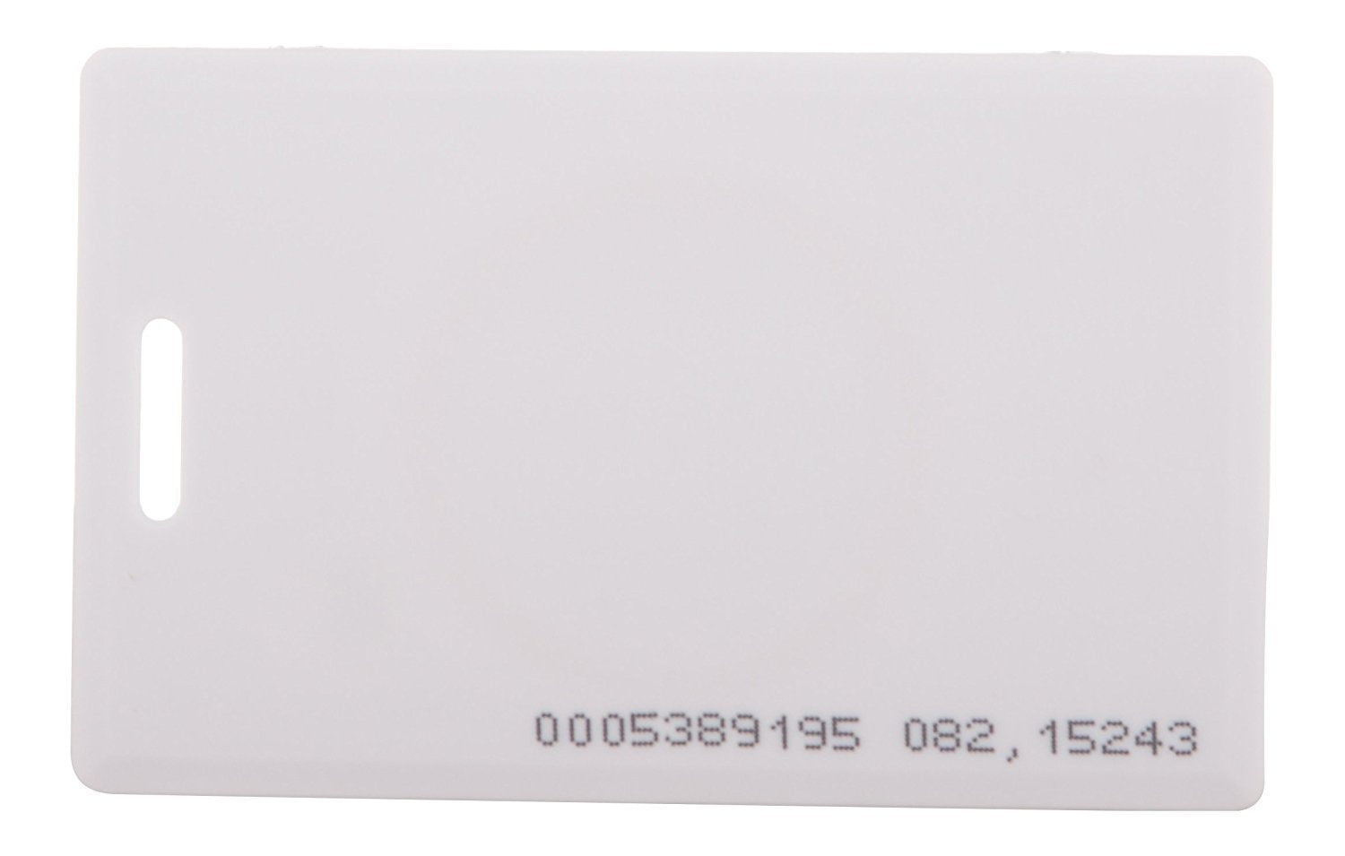 TK4100 Contactless 125kHz RFID Proximity Smart Card 1.8mm thick for Access Control & Time Attendance - a plain white rectangular plastic card with a vertical slot and printed numbers at the bottom.