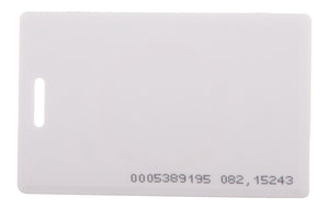 TK4100 Contactless 125kHz RFID Proximity Smart Card 1.8mm thick for Access Control & Time Attendance - a plain white rectangular plastic card with a vertical slot and printed numbers at the bottom.