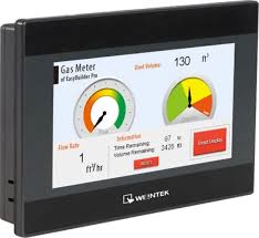 TK8071IP Weintek Compatible with MT8071IP HMI/ MT8071 HMI - a black, rectangular touchscreen device displaying a gas meter interface with gauges, flow rate, and volume data.