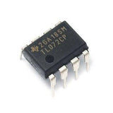TL072 Dual Low-noise JFET-input General-purpose Operational Amplifier - a black 8-pin dual-in-line integrated circuit chip with silver metal pins, shown from an elevated angle on a white background.