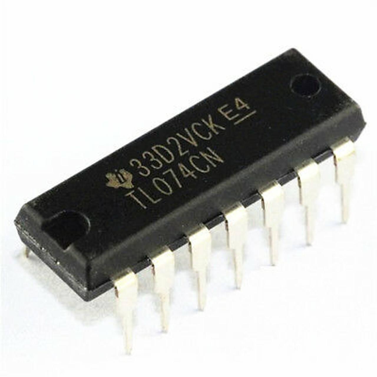 TL074 IC - a black 14-pin dual-in-line integrated circuit chip with silver metal pins, shown from an angled perspective.