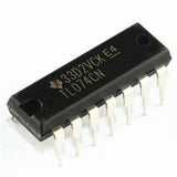 TL074 IC - a black 14-pin dual-in-line integrated circuit chip with silver metal pins, shown from an angled perspective.