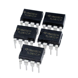 TL081 DIP-8 TL081CP IC JFET Input Operational Amplifier - five black, rectangular 8-pin JFET input operational amplifier integrated circuits arranged in a group.