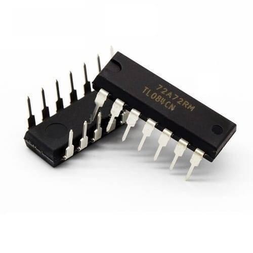 TL084 Quad Operational Amplifier IC - shown as two black, rectangular 14-pin DIP integrated circuits with silver metal pins against a white background.
