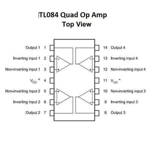 TL084 Quad Operational Amplifier IC - the 14-pin configuration, labels for inputs, outputs, and power supply pins in black and white.