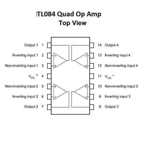 TL084 Quad Operational Amplifier IC - the 14-pin configuration, labels for inputs, outputs, and power supply pins in black and white.
