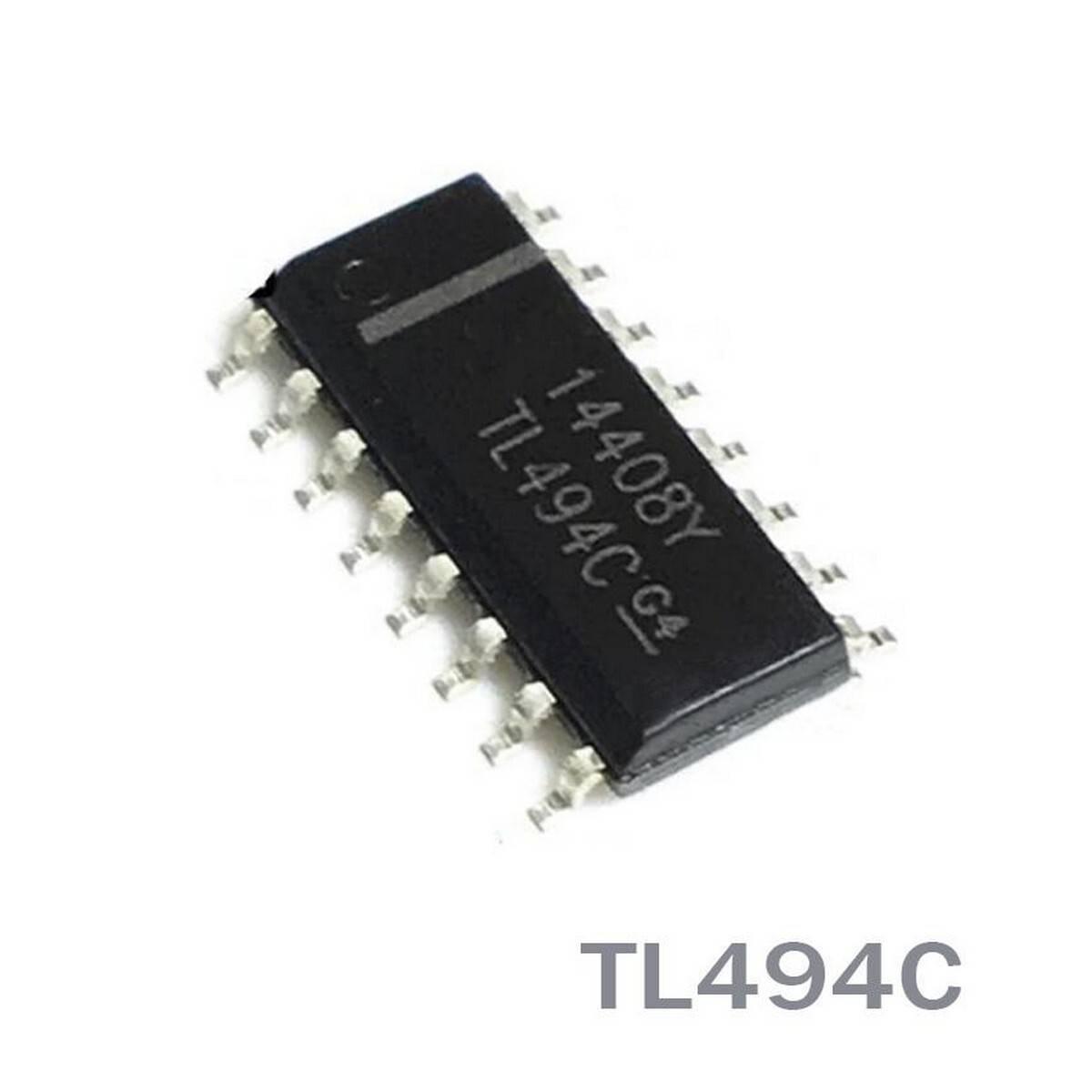 TL494 TL494C SOP-16 PWM Controller - a black rectangular SOP-16 integrated circuit with sixteen silver metal pins, shown from a top-down angled perspective.
