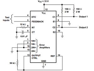 TL494 TL494C SOP-16 PWM Controller - a 16-pin integrated circuit connected to resistors, a capacitor, and test input and output terminals.