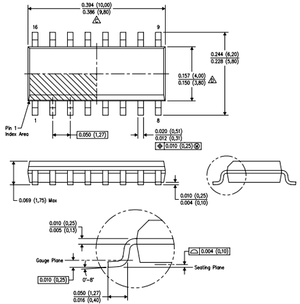 TL494 TL494C SOP-16 PWM Controller - the top, side, and profile views with measurements in inches and millimeters.
