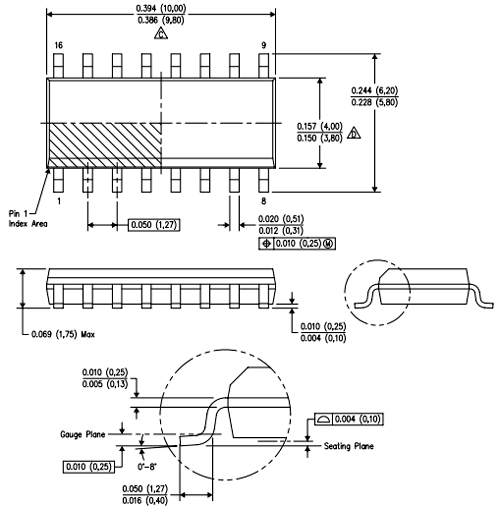 TL494 TL494C SOP-16 PWM Controller - the top, side, and profile views with measurements in inches and millimeters.