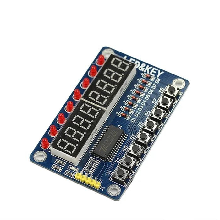 TM1638 8 Digit 7 Segment Display With LED’s And Switches - with eight red LEDs, eight push-button switches, and a 5-pin connector on a blue circuit board.