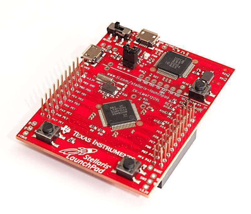 TM4C123GXL TM4C123G Launchpad Evaluation Kit - a red rectangular development board with two micro-USB ports, three push buttons, and multiple pin headers.