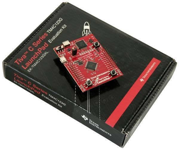 TM4C123GXL TM4C123G Launchpad Evaluation Kit - resting on its black branded product box, showing a red circuit board with buttons and USB ports.