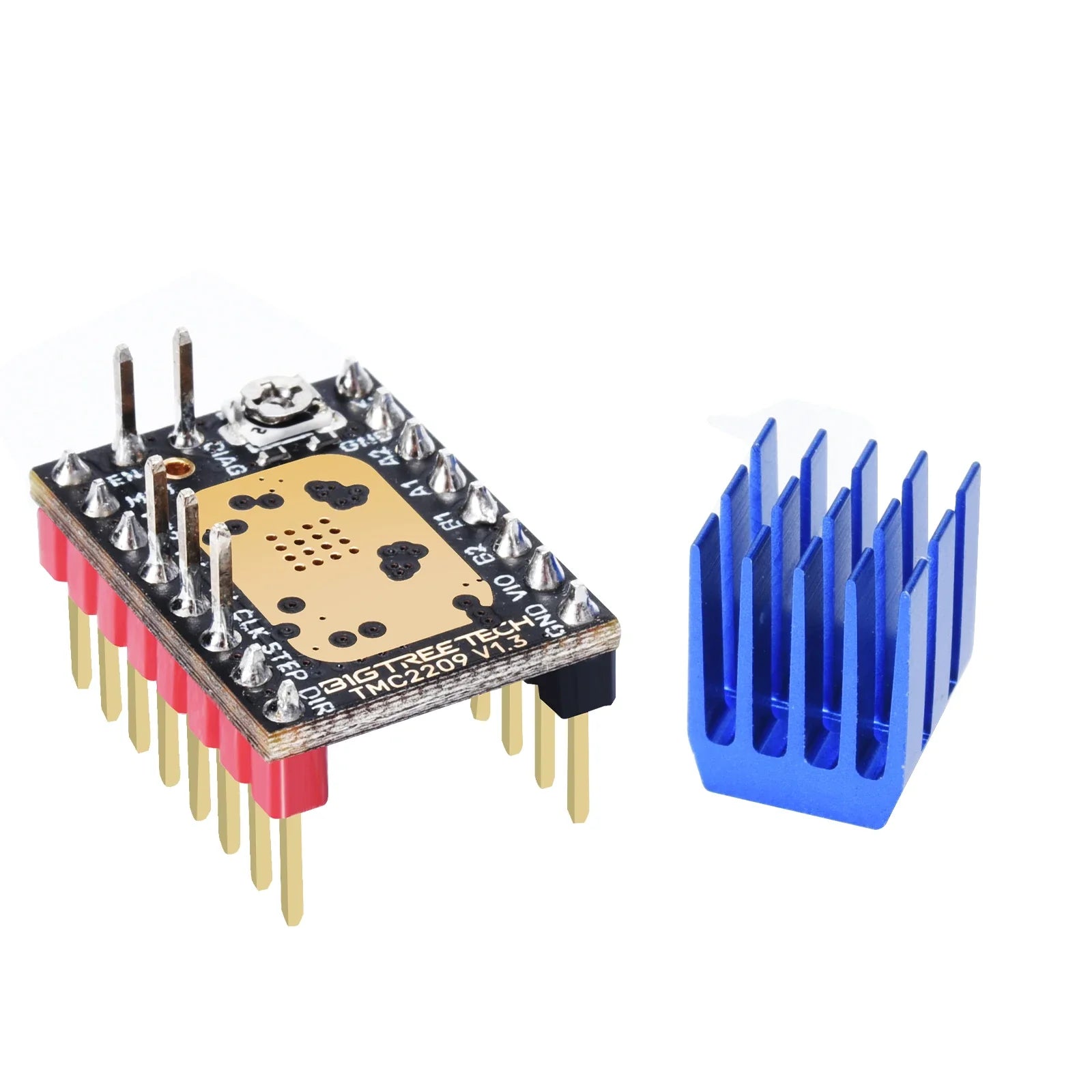 TMC2209 V1.3 Stepper Motor Driver - with a black circuit board, gold pins, a small adjustment screw, and a separate blue aluminum heat sink.