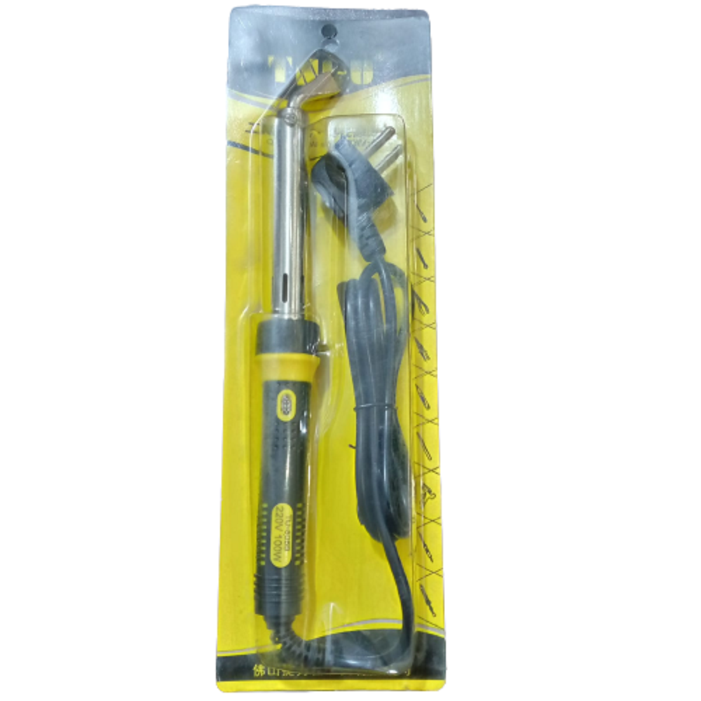 Tni-u 100W Electric High Temperature Soldering Iron Welding Gun TU-505B Right Angel Bit - packaged in a clear plastic blister pack with a black and yellow handle and a right-angle soldering tip.