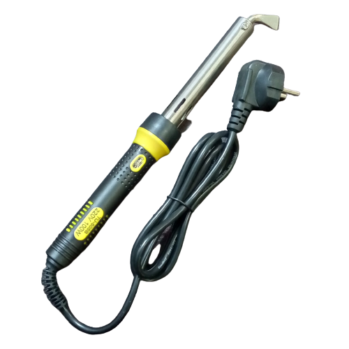 Tni-u 100W Electric High Temperature Soldering Iron Welding Gun TU-505B Right Angel Bit - with a right-angle bit, black and yellow handle, and a power cord with a two-pin plug.