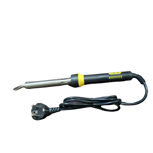 Tni-u 100W Electric High Temperature Soldering Iron Welding Gun TU-505B Right Angel Bit - a black and yellow soldering iron with an angled bit, a power cord, and a two-pin plug.