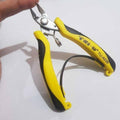 Tni-u Mini Ergonomic Palm Held Smart Locking Pliers Cutter TU-A036 - with yellow and black handles, a metal cutting head, and a spring-loaded locking mechanism.