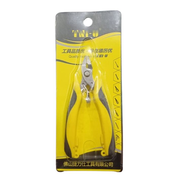 Tni-u Mini Ergonomic Palm Held Smart Locking Pliers Cutter TU-A036 - its yellow and black retail blister packaging.