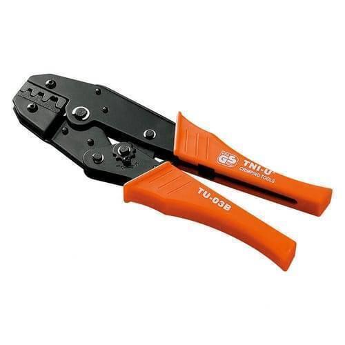Tni-u TU-03B Cable Crimper Crimping Tool - a black metal crimping tool with orange rubberized handles, shown against a white background.