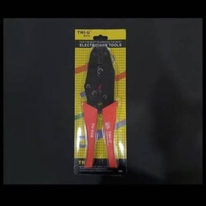 Tni-u TU-03B Cable Crimper Crimping Tool - shown in its original yellow and black retail packaging with red-handled pliers visible through the plastic.
