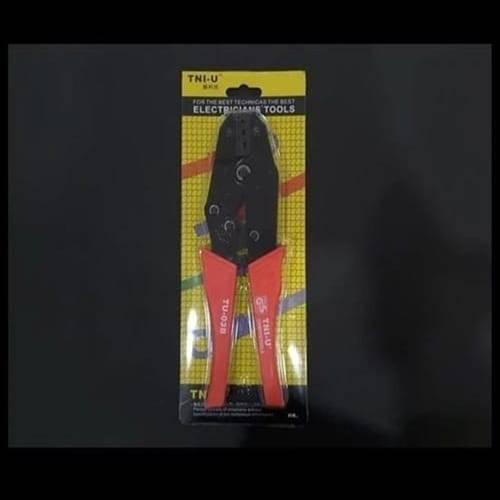Tni-u TU-03B Cable Crimper Crimping Tool - shown in its original yellow and black retail packaging with red-handled pliers visible through the plastic.