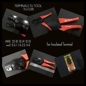 Tni-u TU-03B Cable Crimper Crimping Tool - shown in a collage of multiple angles, including its orange handles, black metal jaws, and retail packaging.