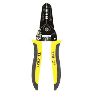 TNI-U TU-2021 Precise Wire Stripper Cutter Tool Clamp & Steel Wire Cable - a black metal tool with yellow and black rubber handles, featuring a spring mechanism and a locking latch.