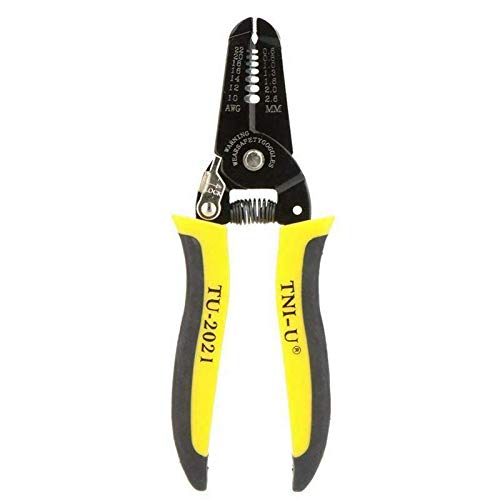 TNI-U TU-2021 Precise Wire Stripper Cutter Tool Clamp & Steel Wire Cable - a black metal tool with yellow and black rubber handles, featuring a spring mechanism and a locking latch.