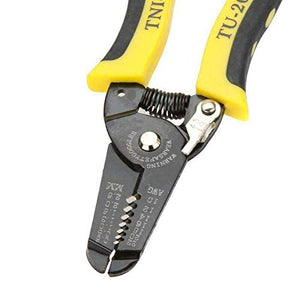 TNI-U TU-2021 Precise Wire Stripper Cutter Tool Clamp & Steel Wire Cable - a close-up view of the black metal jaws with wire gauge markings and yellow and black handles with a spring mechanism.