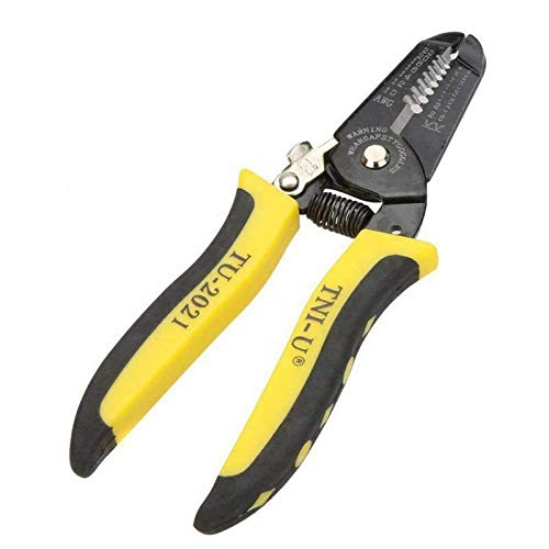 TNI-U TU-2021 Precise Wire Stripper Cutter Tool Clamp & Steel Wire Cable - yellow and black ergonomic handles, a metal jaw with various stripping notches, and a central spring.