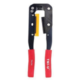 Tni u Tu 214 Crimping Tool Pliers For Computer Cd ROM Pressing Line - a black metal hand tool with red handles and a yellow central guide, shown against a white background.