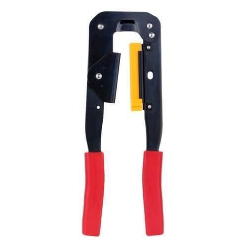 Tni u Tu 214 Crimping Tool Pliers For Computer Cd ROM Pressing Line - a black metal frame with a yellow plastic guide and red rubberized handle grips.