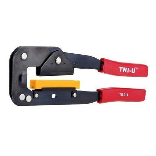 Tni u Tu 214 Crimping Tool Pliers For Computer Cd ROM Pressing Line - a black metal hand tool with red handles and a yellow rectangular block, shown against a plain white background.