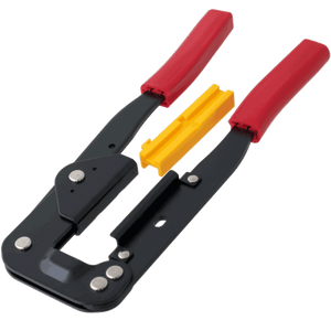 Tni u Tu 214 Crimping Tool Pliers For Computer Cd ROM Pressing Line - with red handle grips and a separate yellow plastic guide accessory.