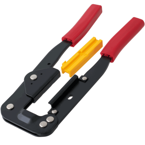 Tni u Tu 214 Crimping Tool Pliers For Computer Cd ROM Pressing Line - with red handle grips and a separate yellow plastic guide accessory.