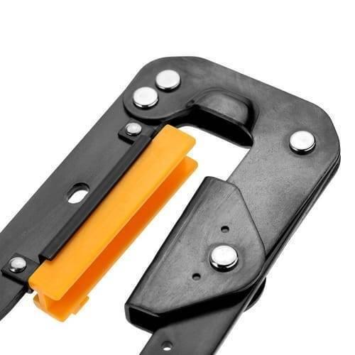 Tni u Tu 214 Crimping Tool Pliers For Computer Cd ROM Pressing Line - a close-up shot showing the black metal frame and the yellow plastic pressing component of the crimping tool.