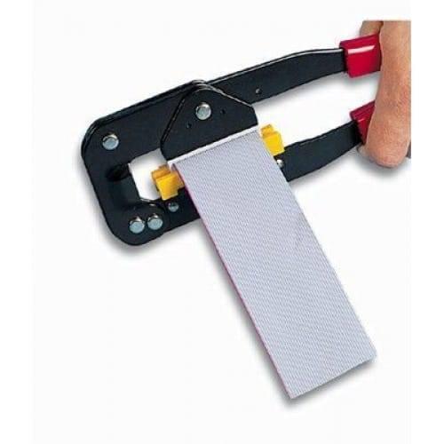 Tni u Tu 214 Crimping Tool Pliers For Computer Cd ROM Pressing Line - a black and red hand-operated tool crimping a grey ribbon cable with yellow plastic guides.