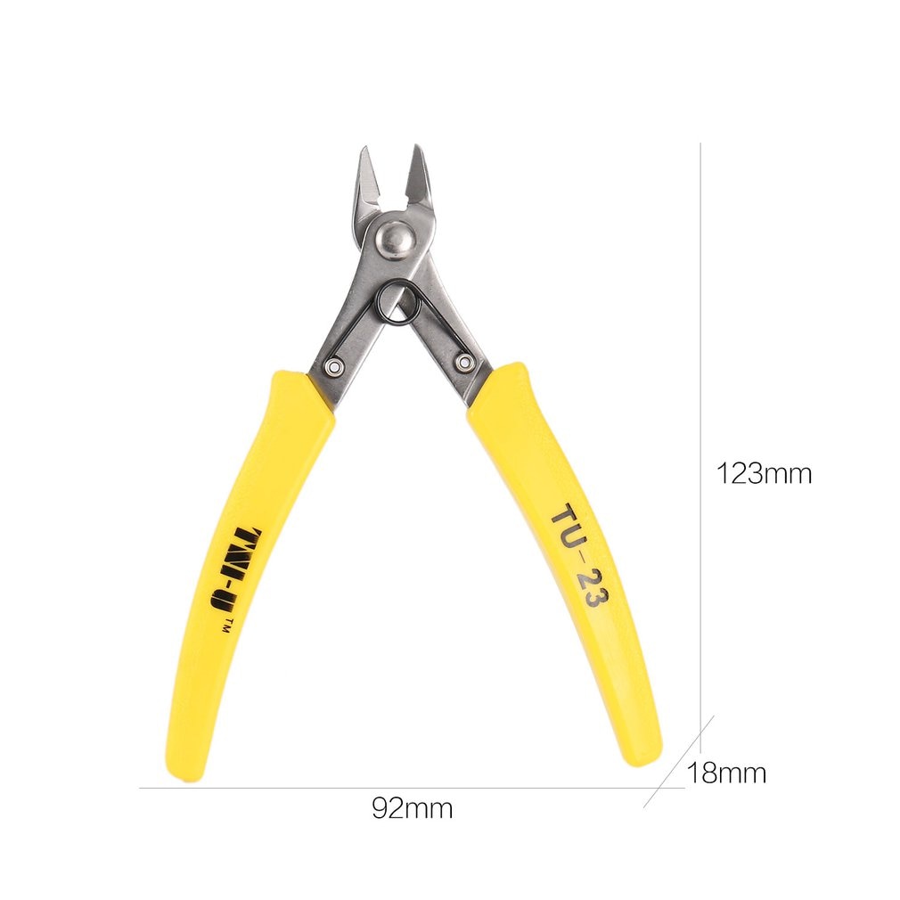 TNI-U TU23 Diagonal Plier Cutter Cutting Copper Cable Wire Repair Clamp DIY Electronic - pliers with yellow handles and metal cutting jaws, shown in a product dimension diagram with 123mm height and 92mm width labels.