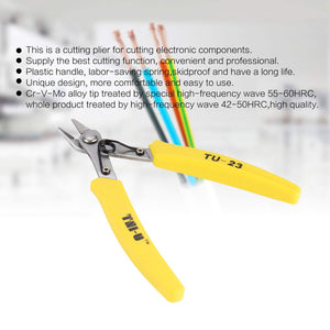 TNI-U TU23 Diagonal Plier Cutter Cutting Copper Cable Wire Repair Clamp DIY Electronic - pliers with yellow plastic handles and a metal spring mechanism, shown against a blurred background of colorful wires.